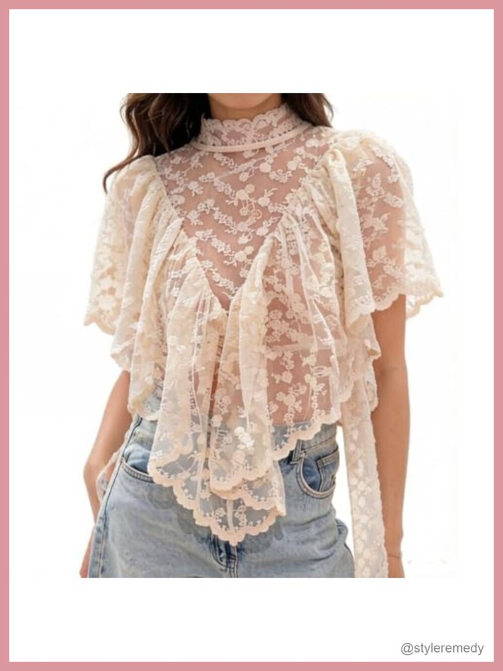Women Boho Lace Sheer Blouse Flowy Ruffle Poncho Cover Up Top
